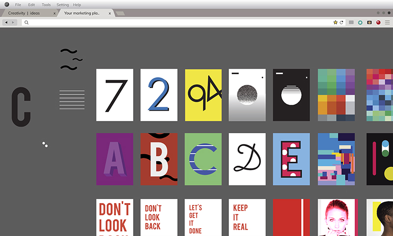 Interface de navegador exibindo grade de cartazes e artes gráficas com tipografia, números, letras e padrões coloridos.