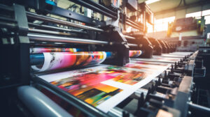 Máquina industrial imprimindo materiais gráficos em alta qualidade, representando práticas de impressão sustentável.
