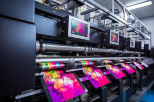 Máquina de impressão gráfica imprimindo materiais coloridos, simbolizando atualização de identidade visual e branding.